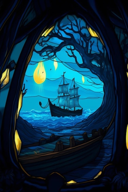 A painting of a ship in a dark forest with a tree in the background.