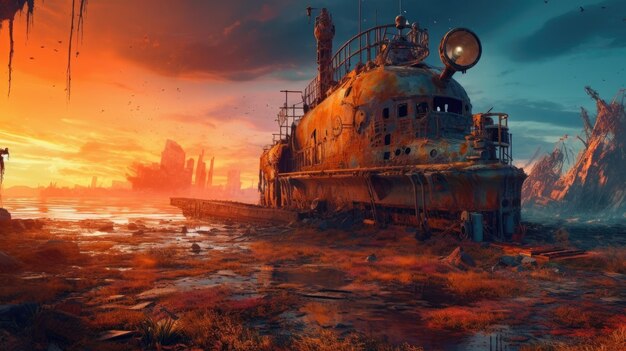 A painting of a ship in a desert with a sunset in the background