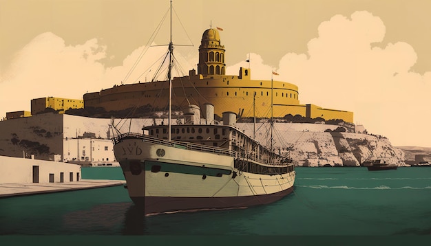 A painting of a ship in front of a castle.