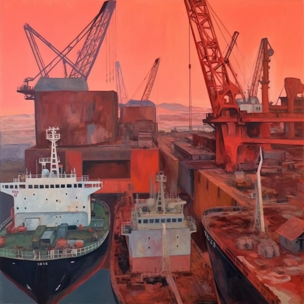 Painting of a ship in a harbor with cranes in the background generative ai
