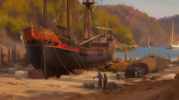 A painting of a ship in the harbor.