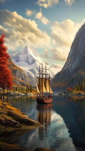 Рисунок корабля посреди озера. Генеративное изображение AI.