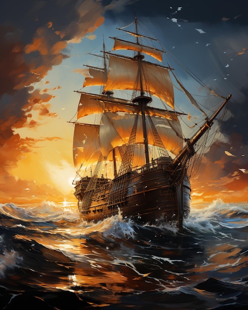 Painting of a ship in the ocean at sunset with a sky background generative ai