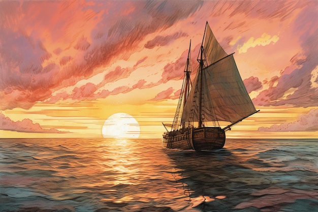 A painting of a ship in the ocean with the sun setting behind it.