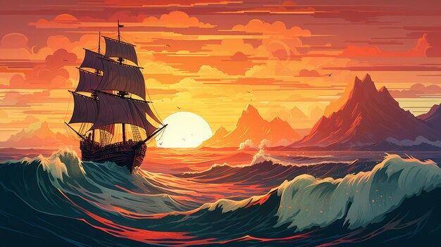 A painting of a ship in the ocean with the sun setting behind it.