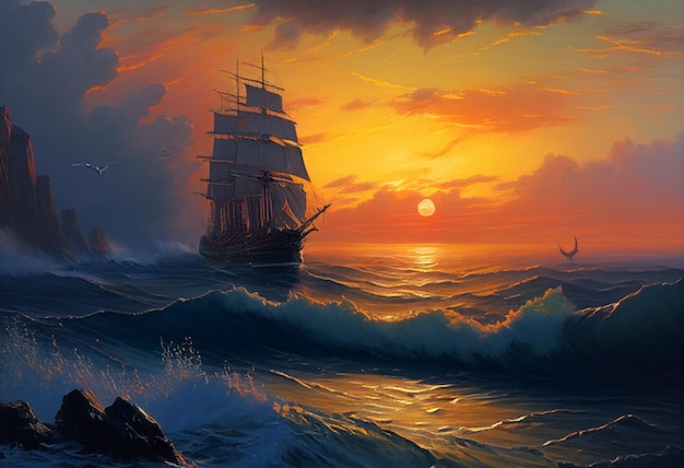 A painting of a ship in the ocean with the sun setting behind it.