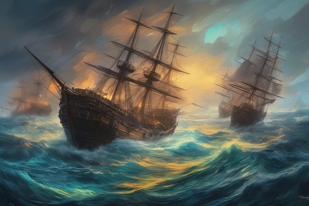 a painting of a ship in the ocean with the sun setting behind it.