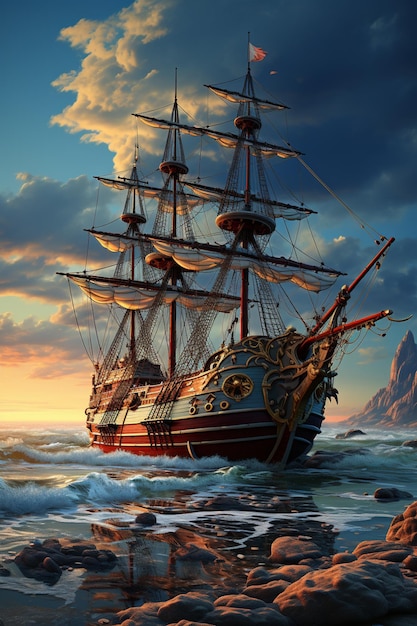 painting of a ship in the ocean with a sunset in the background generative ai