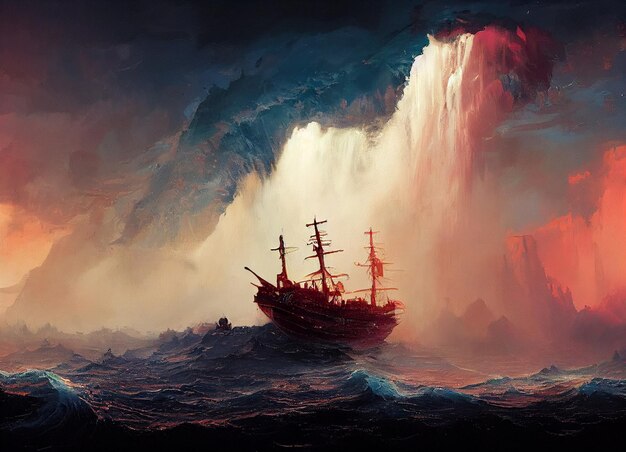 A painting of a ship in the ocean with a waterfall in the background.