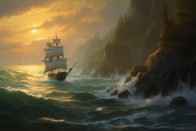 Painting of a ship sailing in the ocean near a rocky cliff generative ai