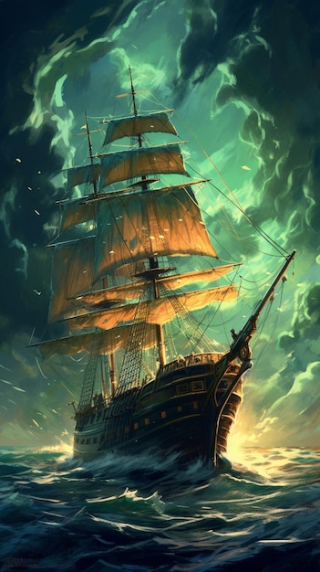 Photo painting of a ship sailing in the ocean at night generative ai