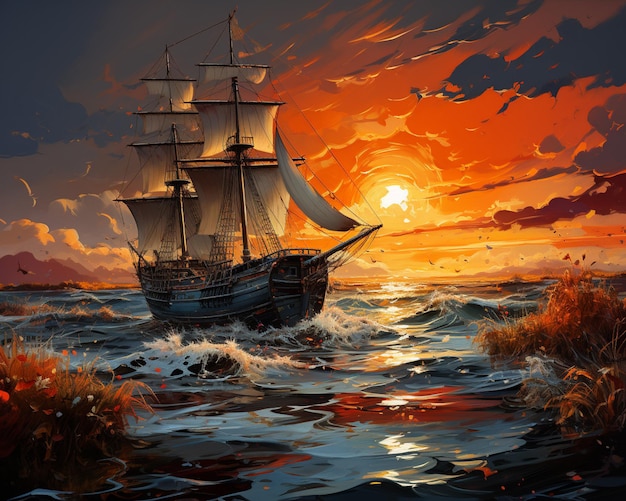 Painting of a ship sailing in the ocean at sunset generative ai