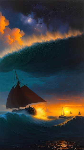 A painting of a ship sailing in the ocean with a wave crashing behind it.