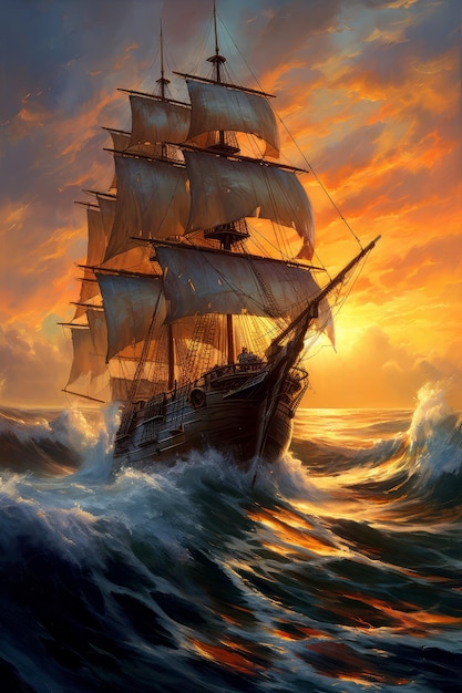 A painting of a ship sailing through waves