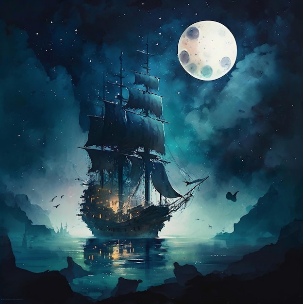 A painting of a ship in the sea with the moon in the background.