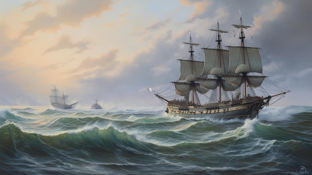 A painting of a ship in the sea with the words " the ship is in the background "