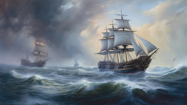 A painting of a ship and a ship in the storm