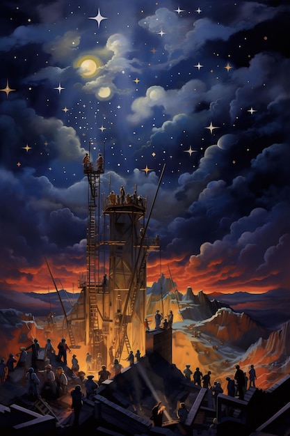 a painting of a ship in the sky with the stars on it