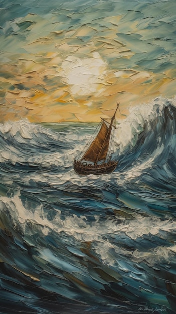 A painting of a ship in a stormy sea