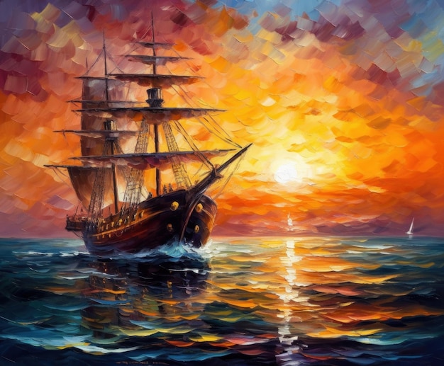 A painting of a ship at sunset with the sun setting behind it.