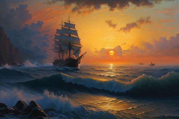 A painting of a ship at sunset with the sun setting behind it.