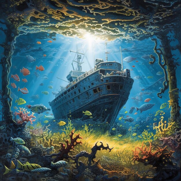 A painting of a ship in a tank with fish and corals.