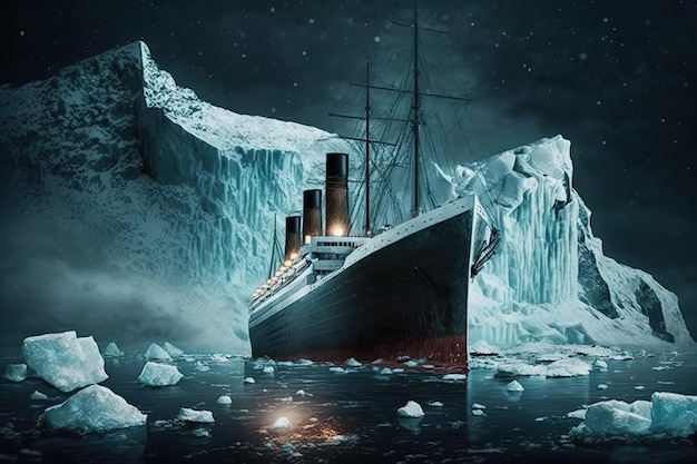 A painting of a ship in the water with icebergs in the background.