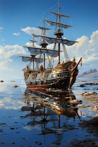 painting of a ship in the water with a sky background generative ai