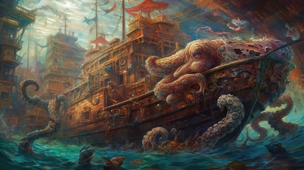 A painting of a ship with a giant octopus on it