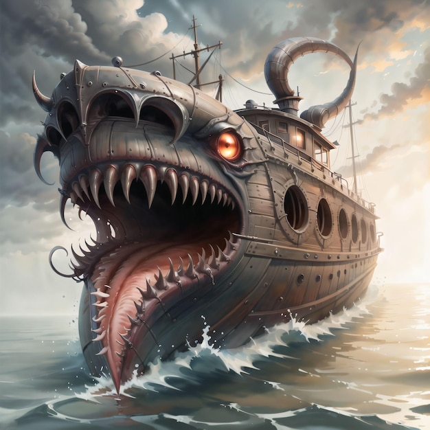 A painting of a ship with a monster like mouth and teeth.