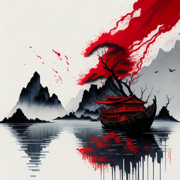 A painting of a ship with a red fireball on the bottom.