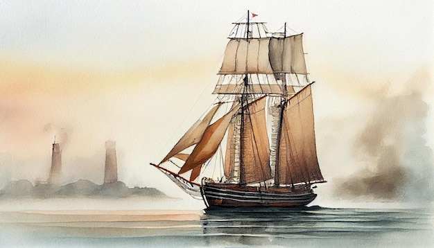 A painting of a ship with sails down in the fog