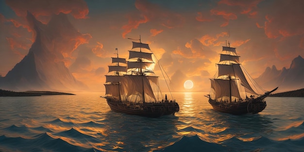 A painting of a ship with sails down the ocean