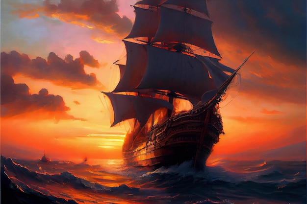 A painting of a ship with sails down