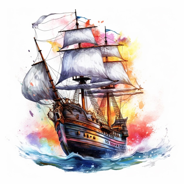Painting of a ship with sails in the ocean with a splash of water generative ai