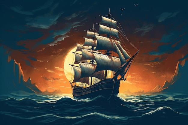 A painting of a ship with sails on the ocean