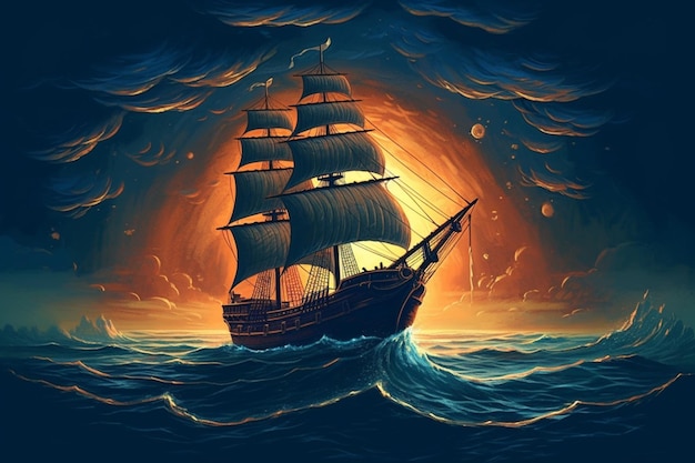 A painting of a ship with sails painted in the sky