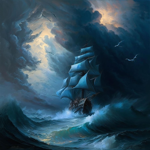 A painting of a ship with sails on the sails is titled " the ship ".