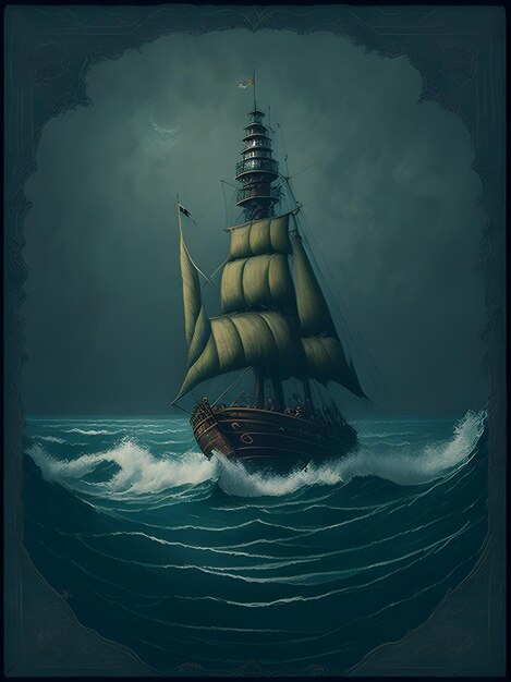 Photo a painting of a ship with the sails up and the moon in the background.