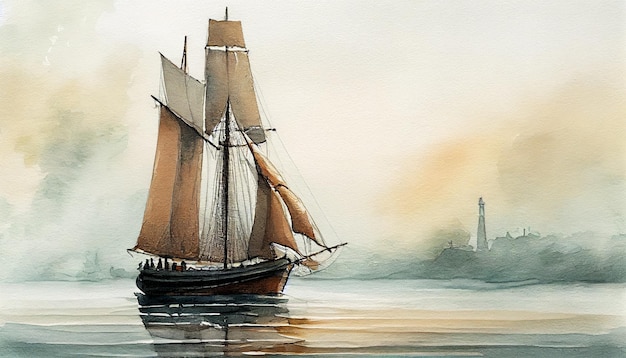 Photo a painting of a ship with sails on the water