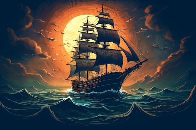 A painting of a ship with sails on the water