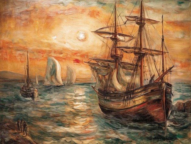 A painting of a ship with a sunset in the background.