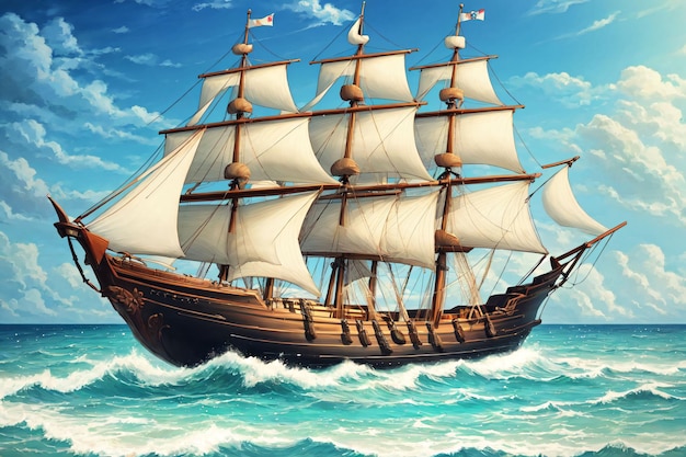 A painting of a ship with white sails