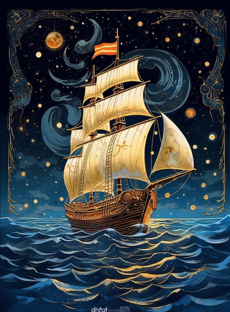 A painting of a ship with the word " the word " on it.