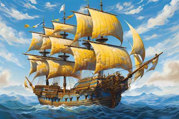 A painting of a ship with yellow sails and the word pirate on the bottom.