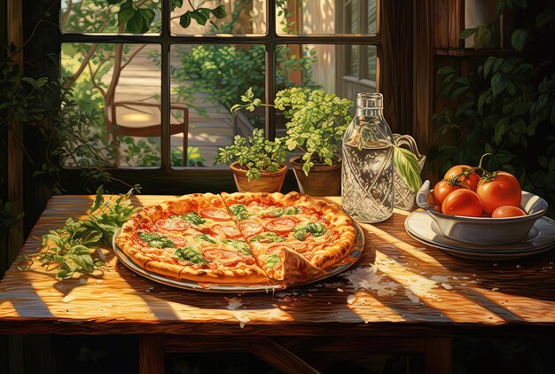 a painting showing pizza on a table near greenery in the style of dreamy watercolor scenes