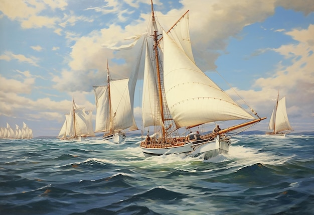 painting_shows_four_sailboats_racing_in_the_sea_in