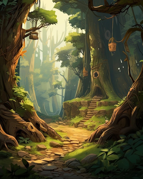 The painting shows a sunlit forest path Illustration Generative AI