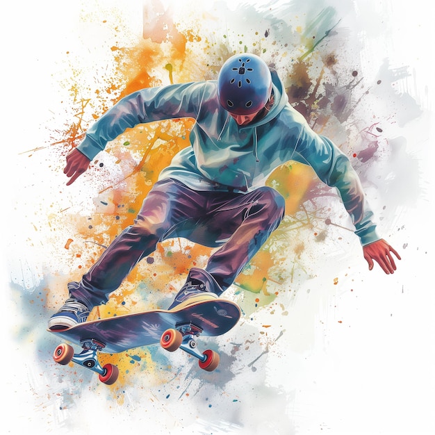 Картина скейтбордиста в синем капюшоне делает трюк генеративный ай