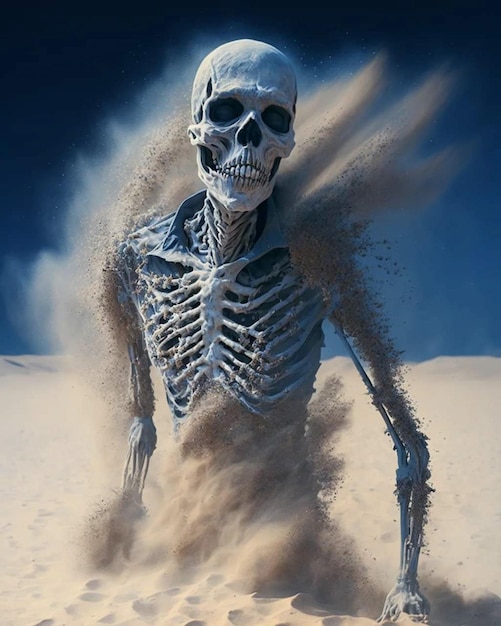 A painting of a skeleton in the desert